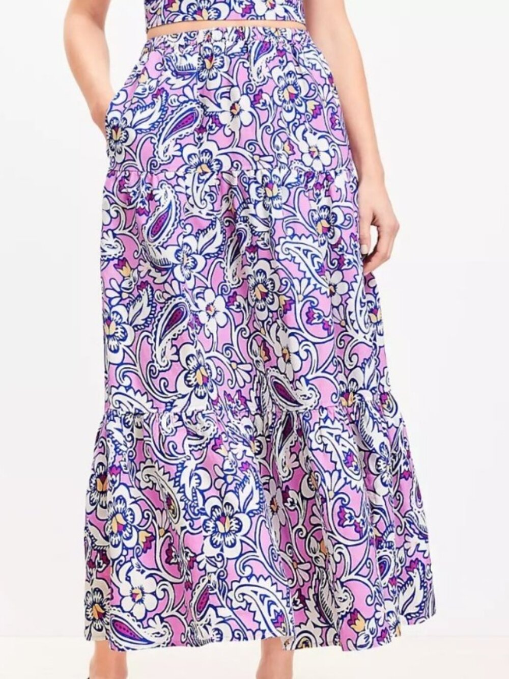 LOFT Beach Paisley Linen Blend Tiered Maxi Pocket Skirt Women's Size XXL  NEW